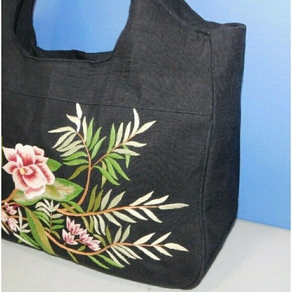 DV, DOLCE VITA BLACK FABRIC TOTE WITH EMBROIDERED FLOWERS, HANDBAG, PURSE - Picture 8 of 8